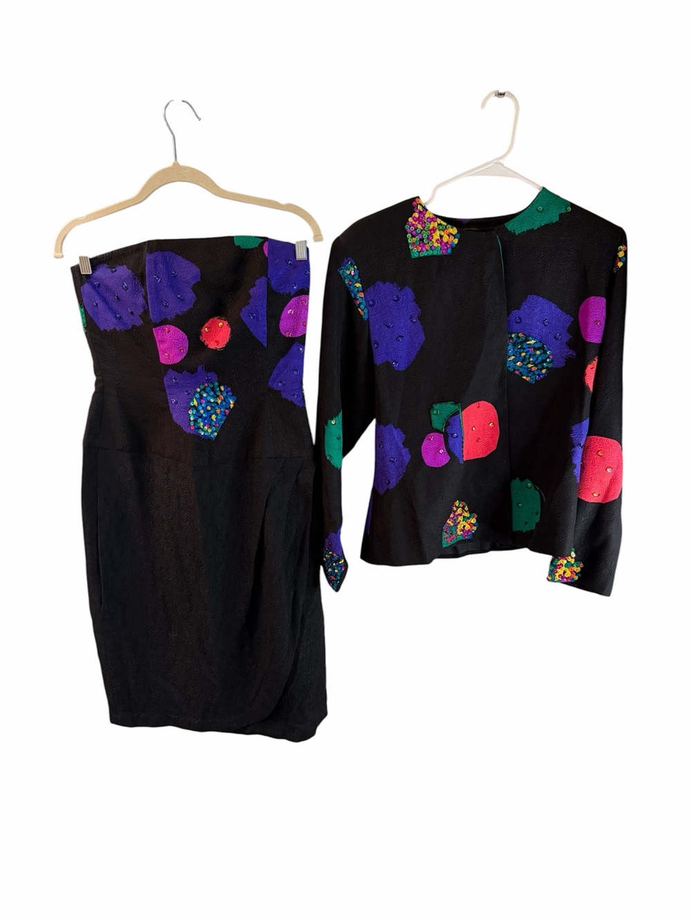 Black Dress and Jacket Set with Multicolor Abstract Accents